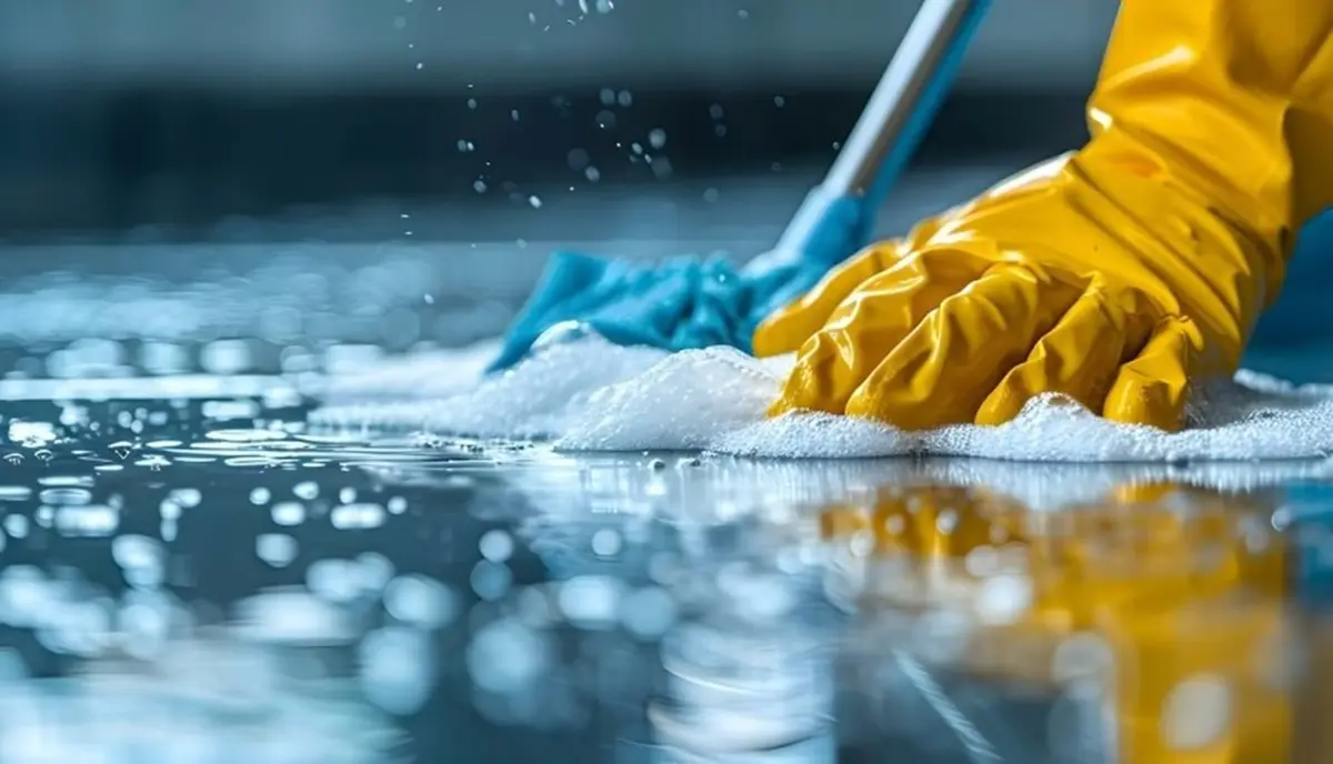Close-up of gloved hands wiping a soapy surface clean