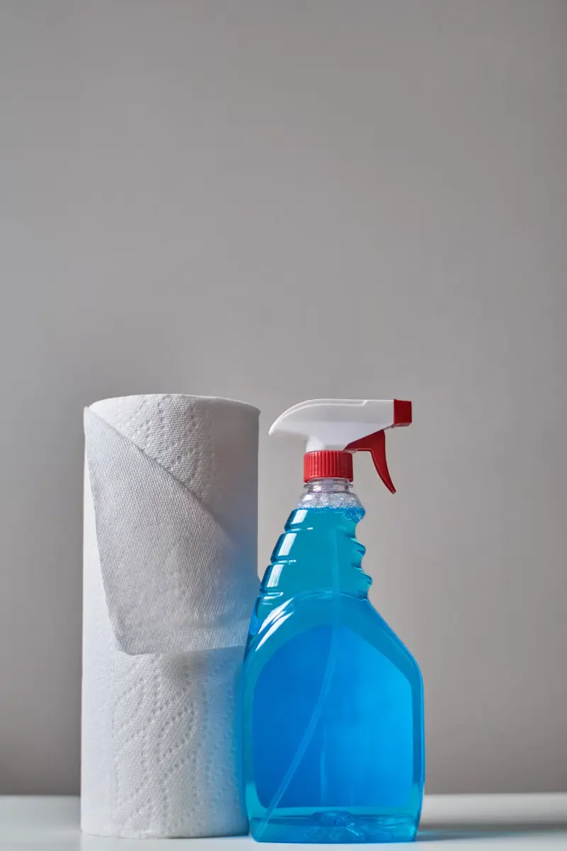 A spray bottle of cleaning solution next to a roll of paper towels